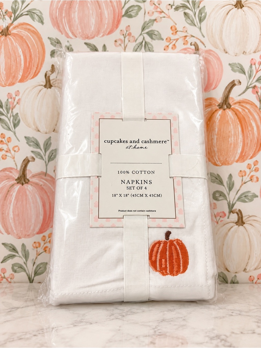 Cupcakes and Cashmere Set of 4 White Napkins Embroidered Pumpkin Fall Halloween